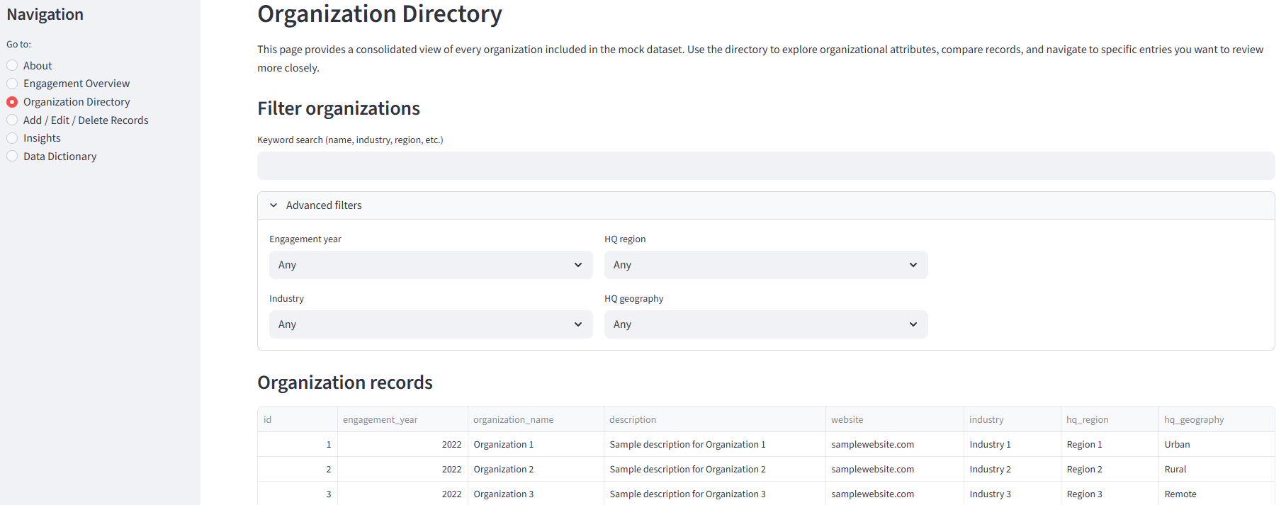 Directory view of engagement records